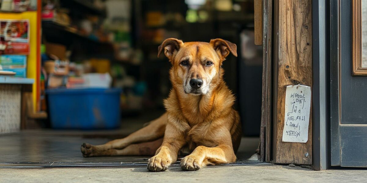 Abandoned Dog Outside Store with Mysterious Sign Sparks Outpouring of Emotions