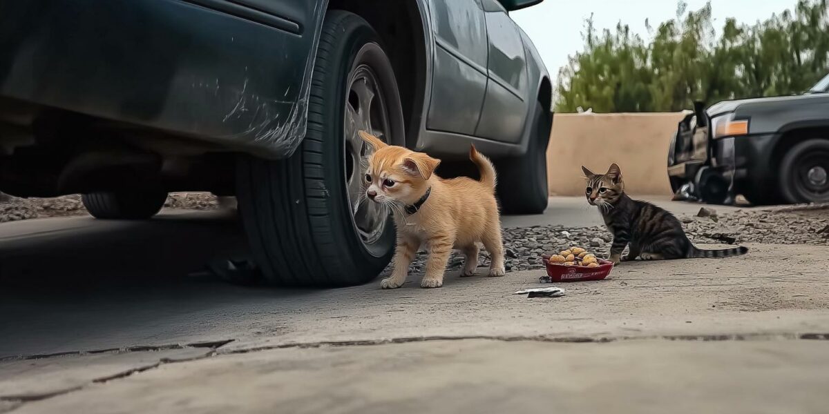 image=" Puppies and a cat huddle under a car, one puppy with a painful neck injury, while a rescuer approaches with a gentle hand and tasty treats.